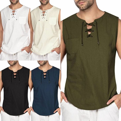 Mens Baggy TShirt Cotton Linen Tee Hippie Sports Shirts Sleeveless