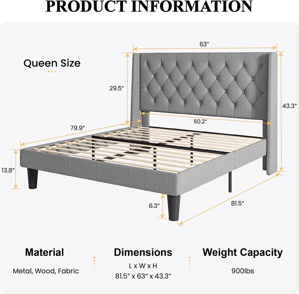 Queen Size Platform Bed Frame with Upholstered Headboard and Wingback,Light Grey - Image 3 of 4