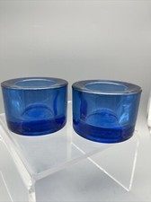 Vintage Set Of 2 Blue Glass Votive Candle Holders - Heavy Glass - Colbolt Blue