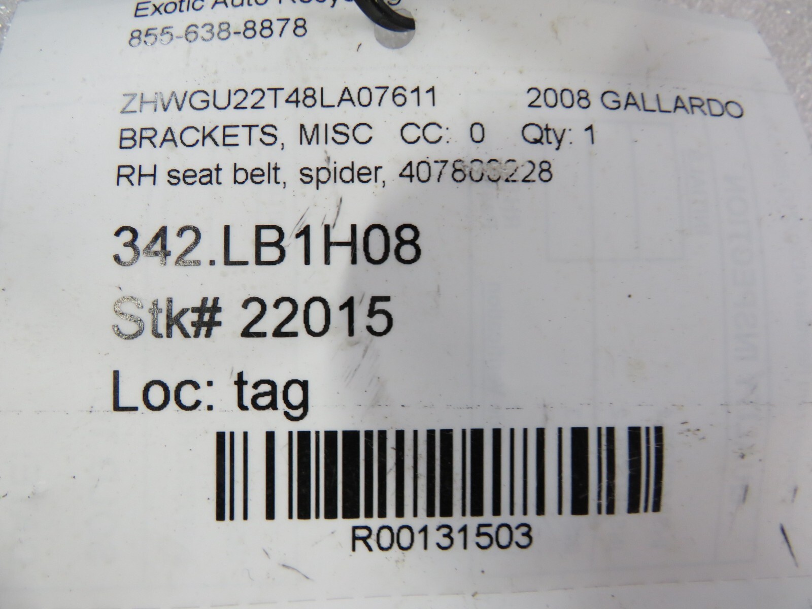 Lamborghini Gallardo, Spyder, RH, Right, Seat Belt Bracket, P/N 407803228
