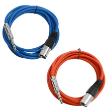 2 Pack - 1/4" to XLR Male Patch Cables 10' Extension Cords Jumper Various Colors