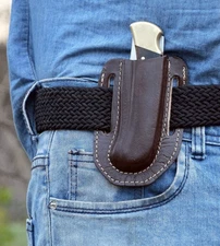 CUSTOM HANDMADE LEATHER GENIUNE VERTICAL SHEATH FOLDING POCKET KNIFE BUCK 110