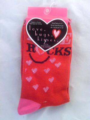 NWT Womens Girls Funky Novelty Red Glitter Heart-LOVE ROCKS Crew Socks 9-11