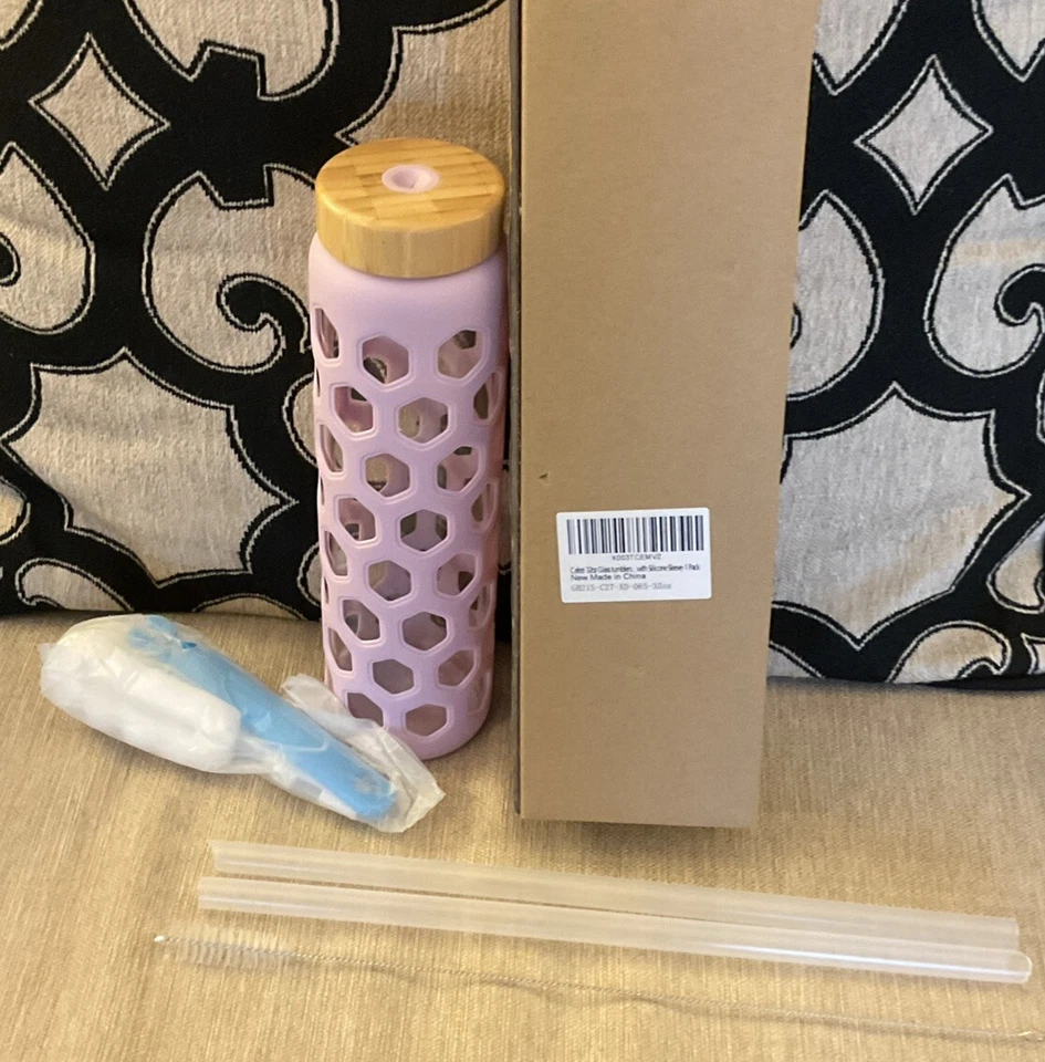 Botella de agua de vidrio de 32 oz sin BPA con funda de silicona - Dos pajitas y kit de limpieza Foto 3 de 4