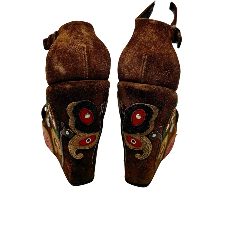 Vintage Prada Brown Suede Embroidered Wedge Sandals 39.5 Platform Designer Heels - Image 3 of 4