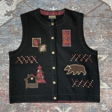 Vtg Woolrich 100 Wool Black Vest Size L Nature Bear Cottagecore Grandmacore