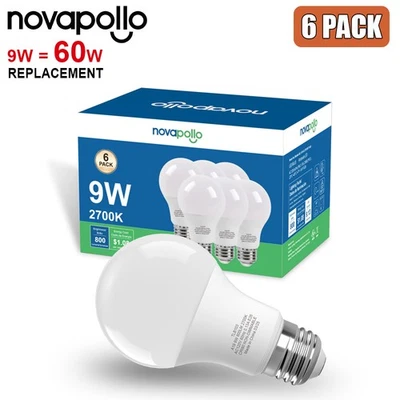 NOVAPOLLO 6 PACK A19 Light Bulb 60 Watt Equivalent Soft White 9W 800LM 2700K Non-Dimmable