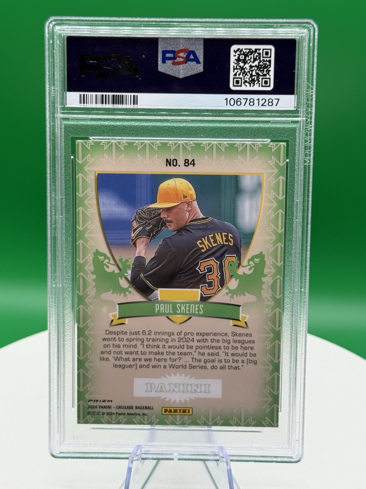 Panini 2024 Crusade Paul Skenes Pirates #84 Blue Cracked Ice Prizm RC PSA 8 view 2