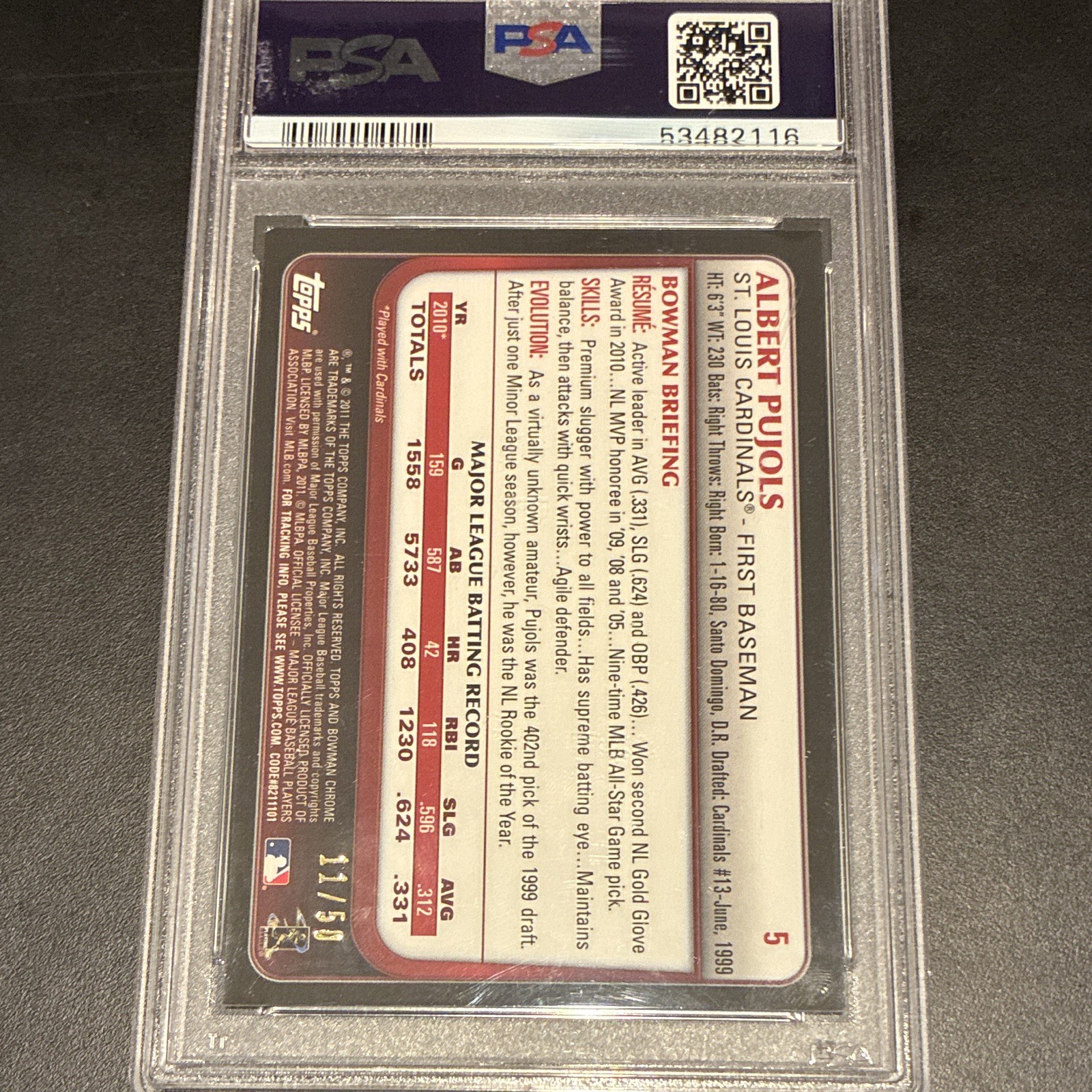 2011 Bowman Chrome Albert Pujols True Gold Refractor #5 11/50 PSA 9 Cardinals view 2