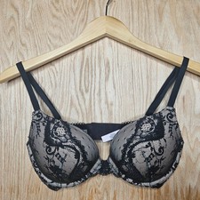 Victoria Secret Dream Angels Push Up Bra 32 DD Black Beige Lace Medium Padding
