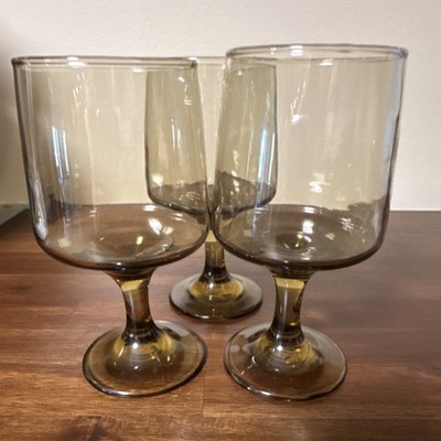 Set of 3 Libby Smoke Brown Glass Wine Goblets in Tawny Accent Pattern Vintage 