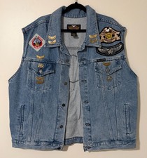 Vtg Harley Davidson Denim Vest HOG Patches Eagle 10 Pins 8 Loose Rockers