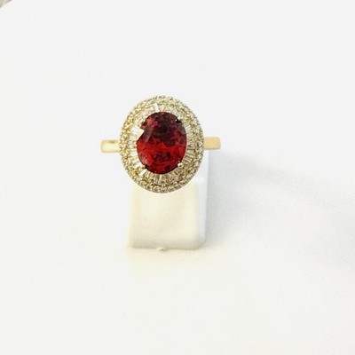 14K Gold Plated Oval Red Gemstone Halo Cocktail Ring. Size 8. New 