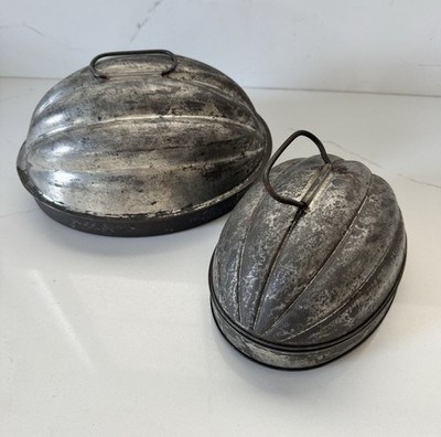 Pair of 2 Vintage Antique (?) Tin Bread Pudding Mold Melon Shaped 8.5  & 5.5 