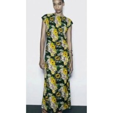 Zara Floral Ruched Midi Dress Womens S Yellow Green Sleeveless Draped Summer Boh