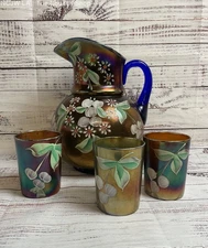 Fenton Carnival Glass Enameled Cherry Pitcher And Cup Set