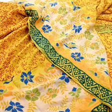 Vintage Sari Mustard Pure Crepe Silk Printed Saree 5yd Sewing Floral Soft Fabric