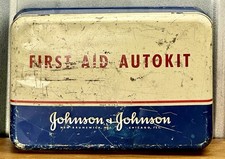 VINTAGE Johnson & Johnson FIRST AID AUTO KIT Antique Advertising Tin Box & Gear