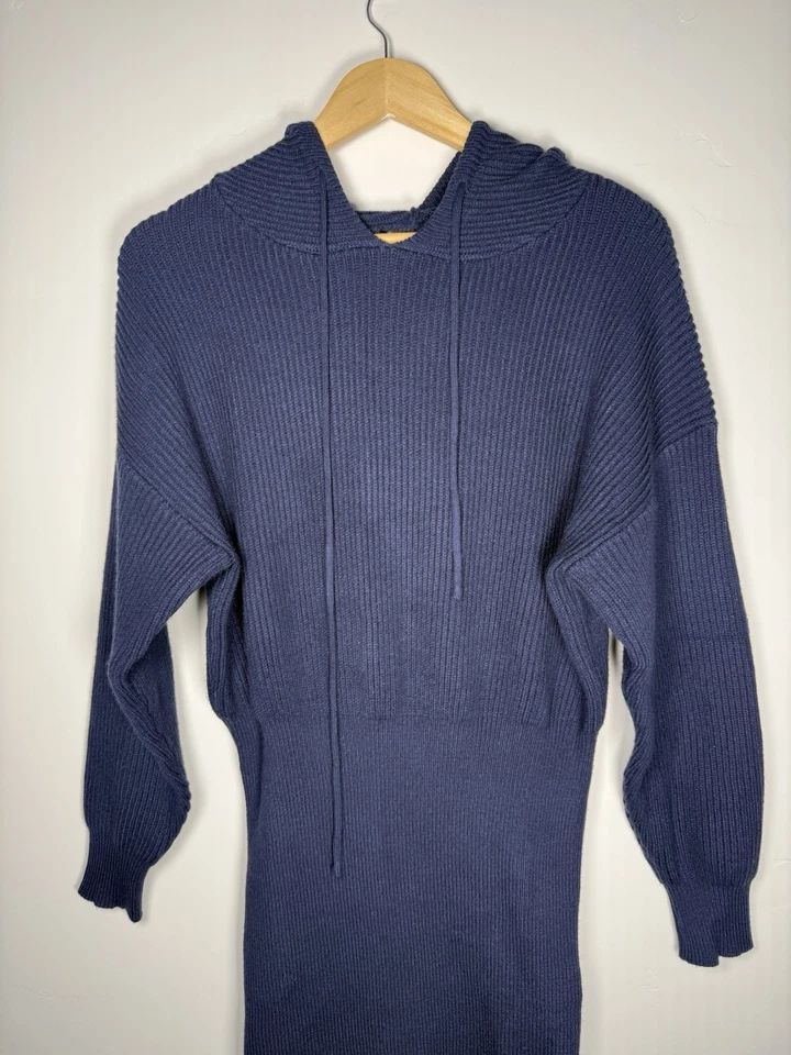 Maxi Vestido Pretty Garden Talla Pequeña Azul Manga Larga Bodycon Acanalado Tejido Con Capucha Foto 3 de 4