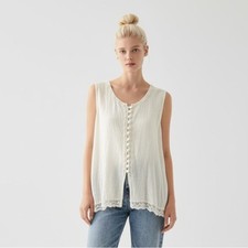 Vintage Victoria  s Secret Ivory Button-Front Lace Hem Tank Top embroidered M
