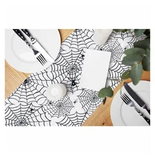 Table Runner Black Spiders on Webs Hand DrawnCotton Linen Table Runner Decora...