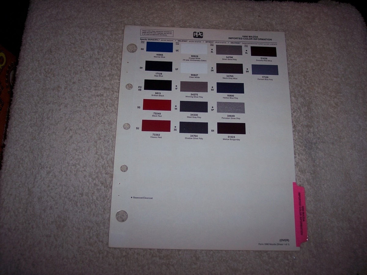 1990 MAZDA IMPORTED EXTERIOR PPG PAINT CHIP COLOR CHART #172 | eBay