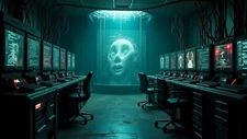Sci-Fi Control Room: Giant Projected Face, AI God Art - Creepy Digital Print