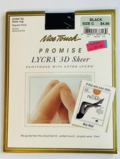 NOS VTG NICE TOUCH PROMISE BLACK LYCRA 3D SHEER REINFORCED TOE PANTYHOSE NYLON C