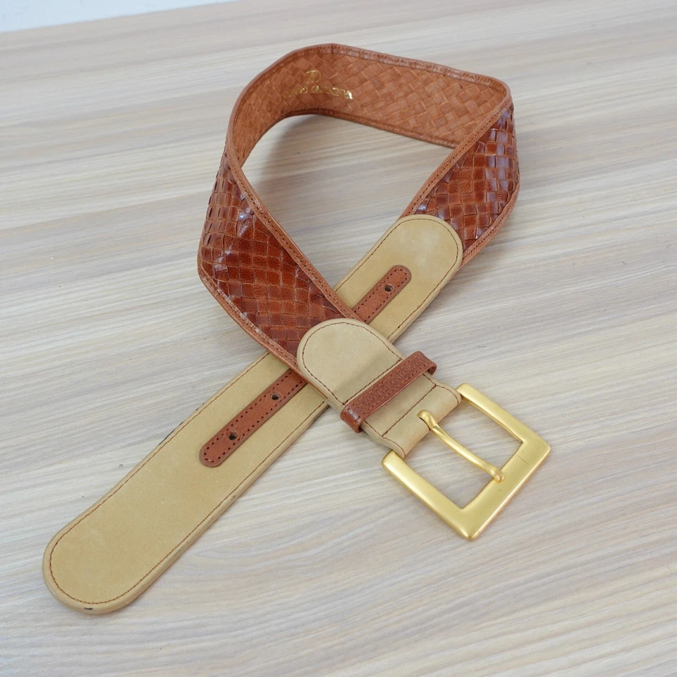 Cinturón Mujer Valentino Garavani 65 26 XS Marrón Dorado Hebilla Cuero Tejido DE COLECCIÓN Foto 2 de 4