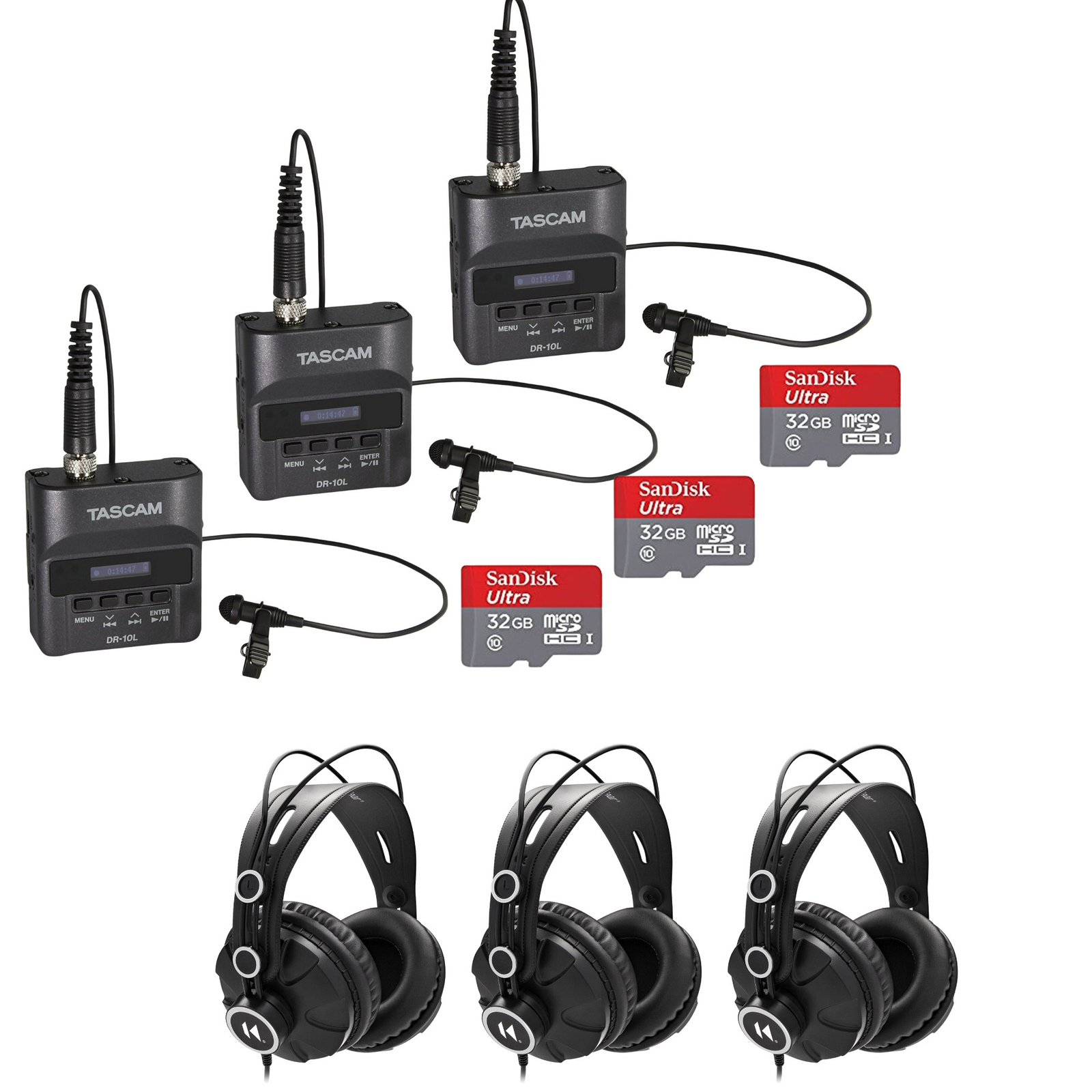 Цифровой рекордер Tascam DR-10L с наушниками Tascam и SD-картой емкостью 32 ГБ в 3-х комплектациях
