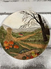Vtg 1977 Byron Molds 3D Ceramic 13”  Wall Plate Country Field Fall Harvest Scene