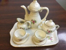Vintage Miniature 10  Piece Coffee Tea Set With Tray Pink Floral Porcelain 