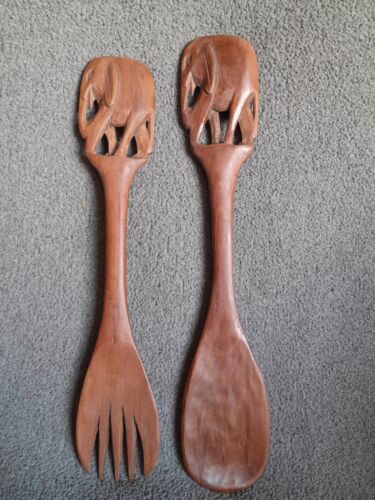 Vintage Boho Wooden Carved Elephant Salad Fork & Spoon Set Dark Teak Wood 12" - Afbeelding 1 van 5