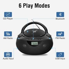 Portable CD Boombox W/ Bluetooth USB Radio Bass Boost AM/FM Durable Black New