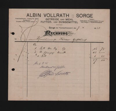 SORGE, Rechnung 1925, Albin Vollrath Getreide Mehl Futter-Düngemittel