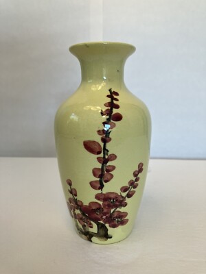 Vintage Hand Painted Vase Yellow Burgundy Blossoms Made In Taiwan Charcon 6.5 