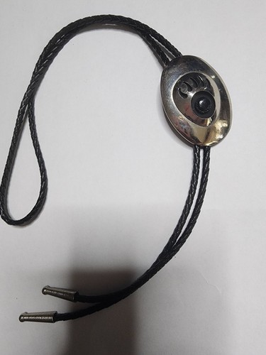 Cravatta Bolo Zampa Orso Onice Nera Vintage Silvertone Nativa - Foto 3 di 3