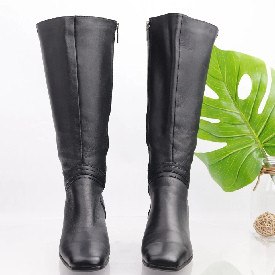 Bota Blonda Para Mujer Talla 8.5 AMPLIA Alta Y2K Tacón Bajo Bloque Cuero Negro Elástico Foto 2 de 4