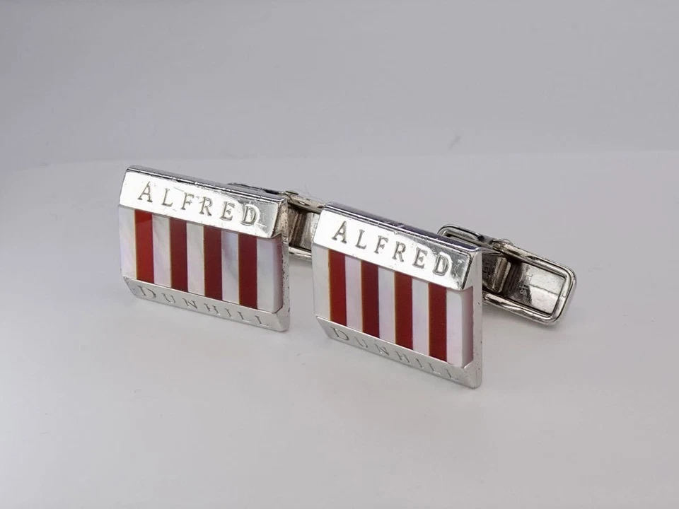 Dunhill Alfred Rectangle Cufflinks Red Stripe Pearl Shell Silver 925 Men Jewelry - Image 3 of 4
