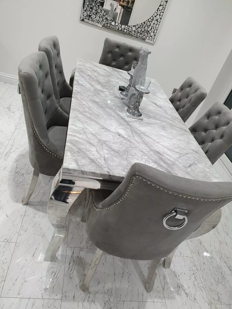 Louis 150cm Grey Marble Dining Table + 6 Dark Grey Chairs