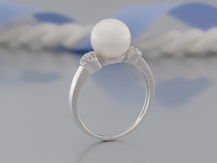 Bague avec perle de culture d'eau douce et 14 brillants env. 0,06 ct-or blanc... - Photo 4/4