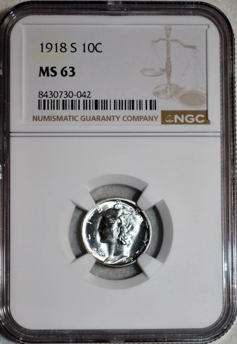 NGC MS-63 1918-S Mercury Dime, Cartwheeling, Blast-White specimen!