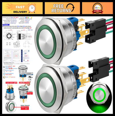 Waterproof 22mm Push Button Switch SPDT 24V Stainless Steel - 2 Pcs Green