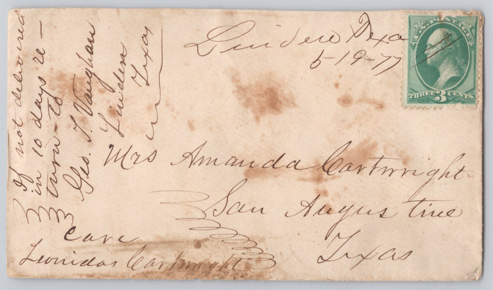Addressed to Mrs Amanda Cartwright with 3c Washington stamp, Un ACE