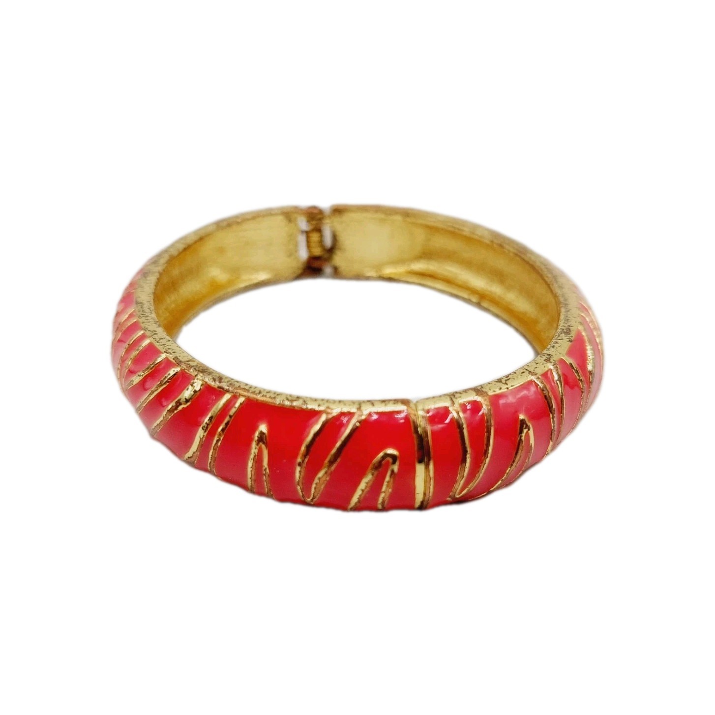 Pink Gold Tone Bangle Bracelet Clamper Oval Vintage Enamel