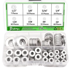 270 PCS 304 Stainless Steel Flat Washers Assortment Kit 8 Size-1/2 3/8 5/16 1...