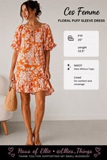Ces Femme Orange Floral Puff Sleeve Dress S NWOT Lined Boho Cottagecore