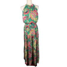 Tahari Arthur Levine Maxi Dress Womens 8 Green Paisley Floral Halter Boho Tiered
