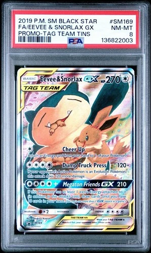 Pokemon Eevee & Snorlax 2019 SM Black Star Promo Tag Team GX SM169 PSA 8