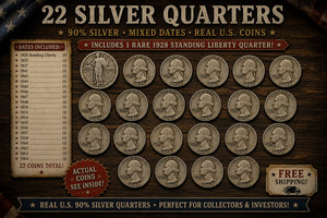 22 90% Silver Quarters Lot 1928 Standing Liberty 1935-1964 Mixed Dates FS